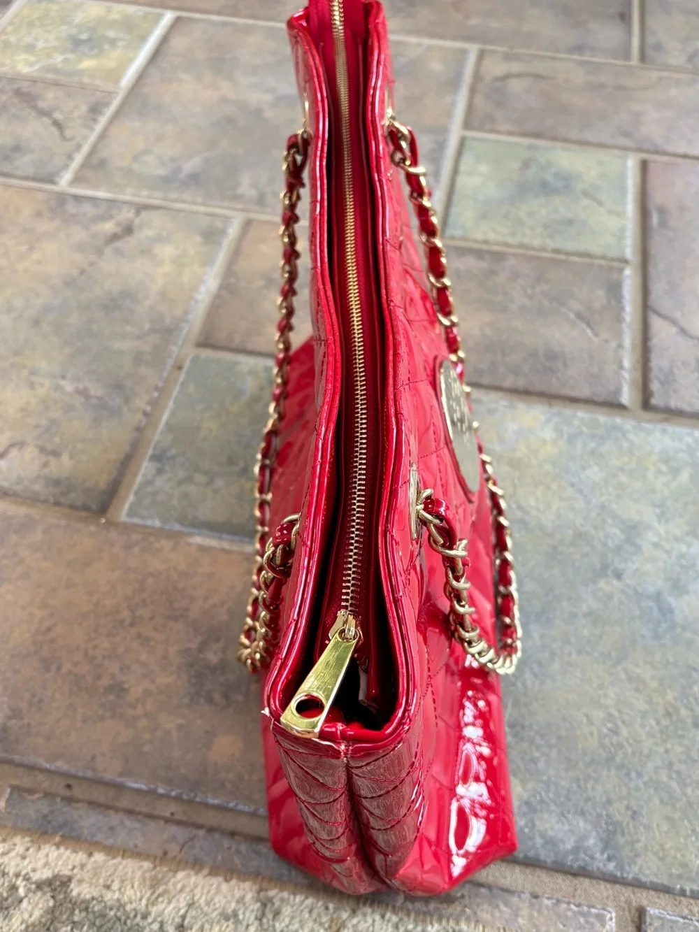Red Quilted Patent Shoulder Tote with Gold Emblem